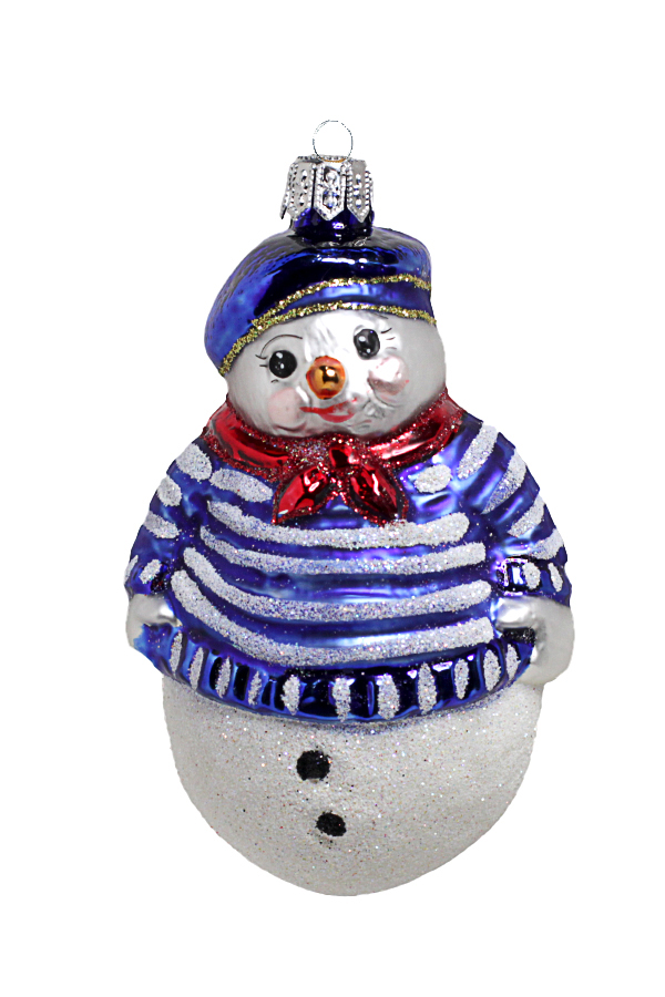 Новогодняя игрушка в виде снеговика в синем тельняшке и шапке.