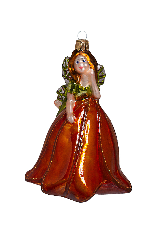 Стеклянная елочная игрушка в виде девушки в оранжевом платье с крыльями.