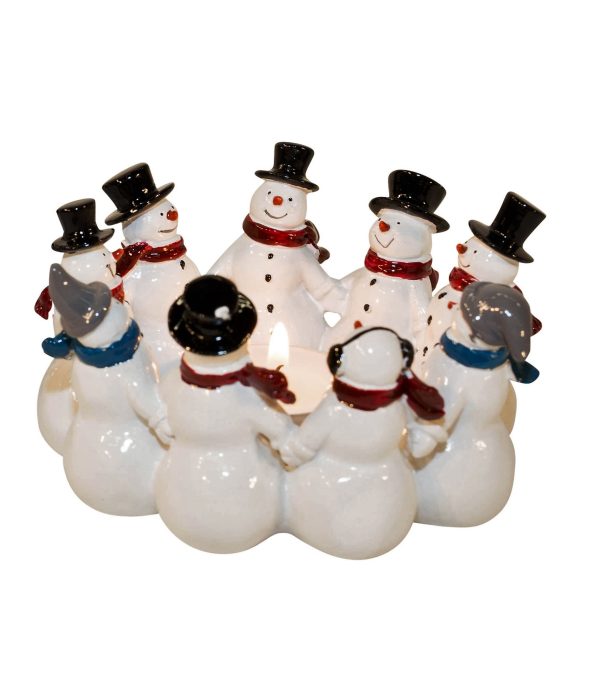 Керамическая композиция снеговиков в кругу с зажжённой свечой в центре