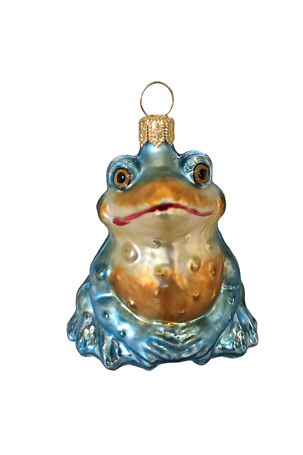 Новогодняя ёлочная игрушка в форме синей и золотистой лягушки с петлей для подвешивания.