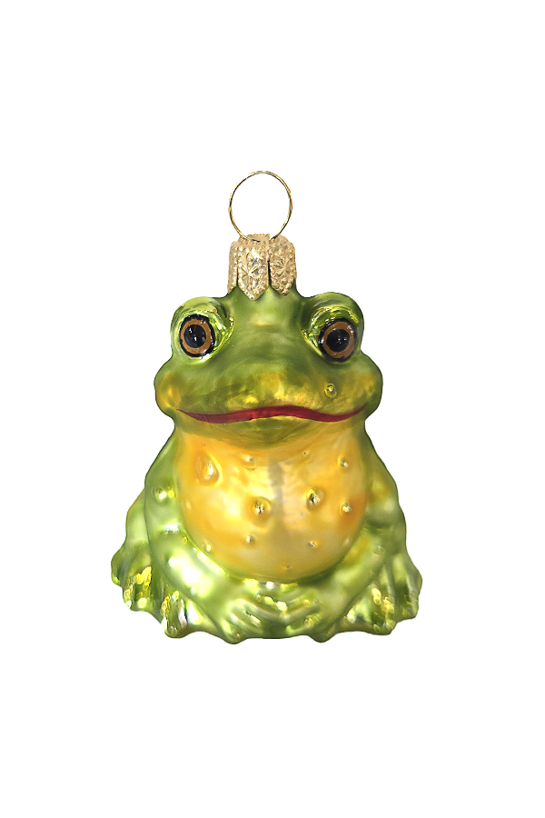 Ёлочная игрушка в форме зелёной лягушки с жёлтым животом и золотой петелькой для подвешивания.