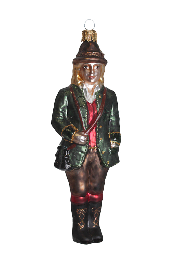 Новогодняя стеклянная игрушка в виде фигурки мужчины в зеленом костюме и шляпе, с ремнем через плечо и деталями из золотистого блестящего материала.